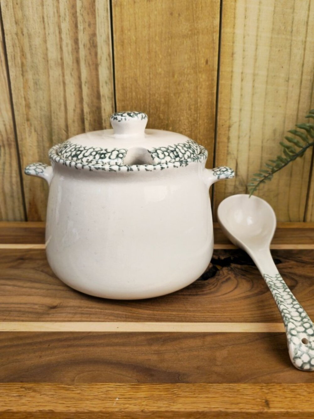 Vintage Corelle Stoneware Green Heart Covered Soup Tureen Been Pot with Ladle - Picture 7 of 11